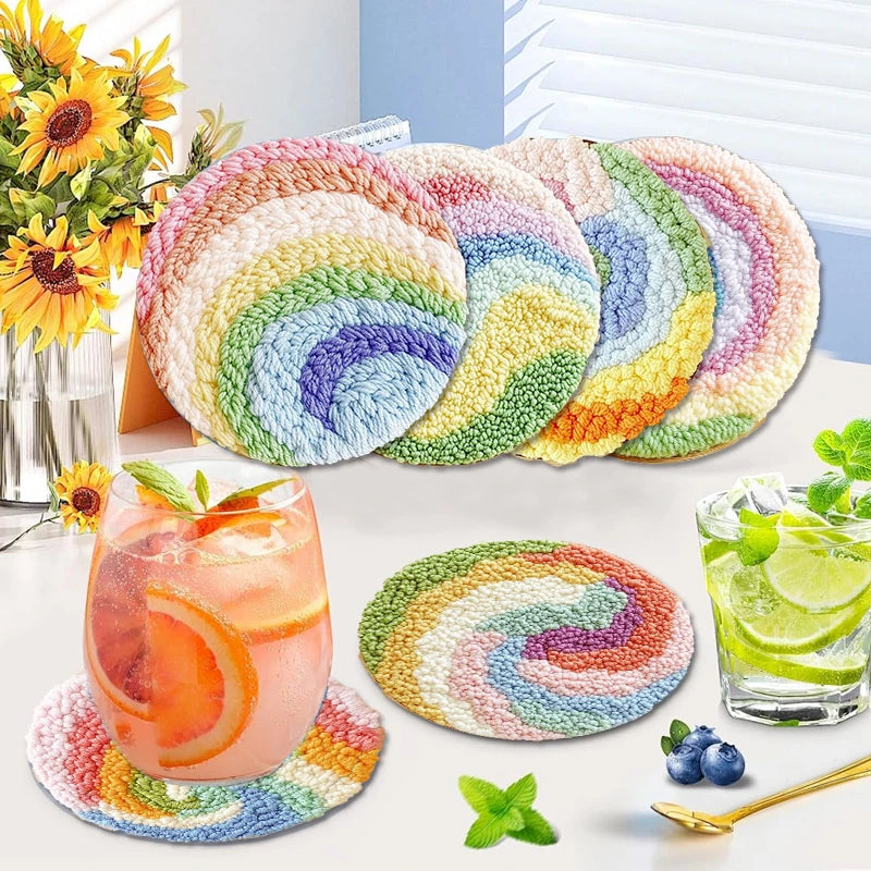🌈✨Kit de Bordado Punch Needle – 6 Diseños Arcoíris | Set para Posavasos Artesanales✨