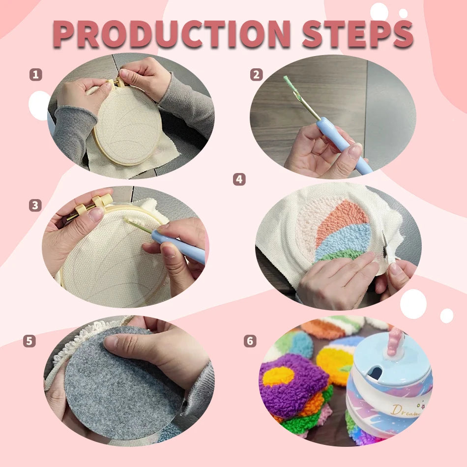 🌈✨Kit de Bordado Punch Needle – 6 Diseños Arcoíris | Set para Posavasos Artesanales✨