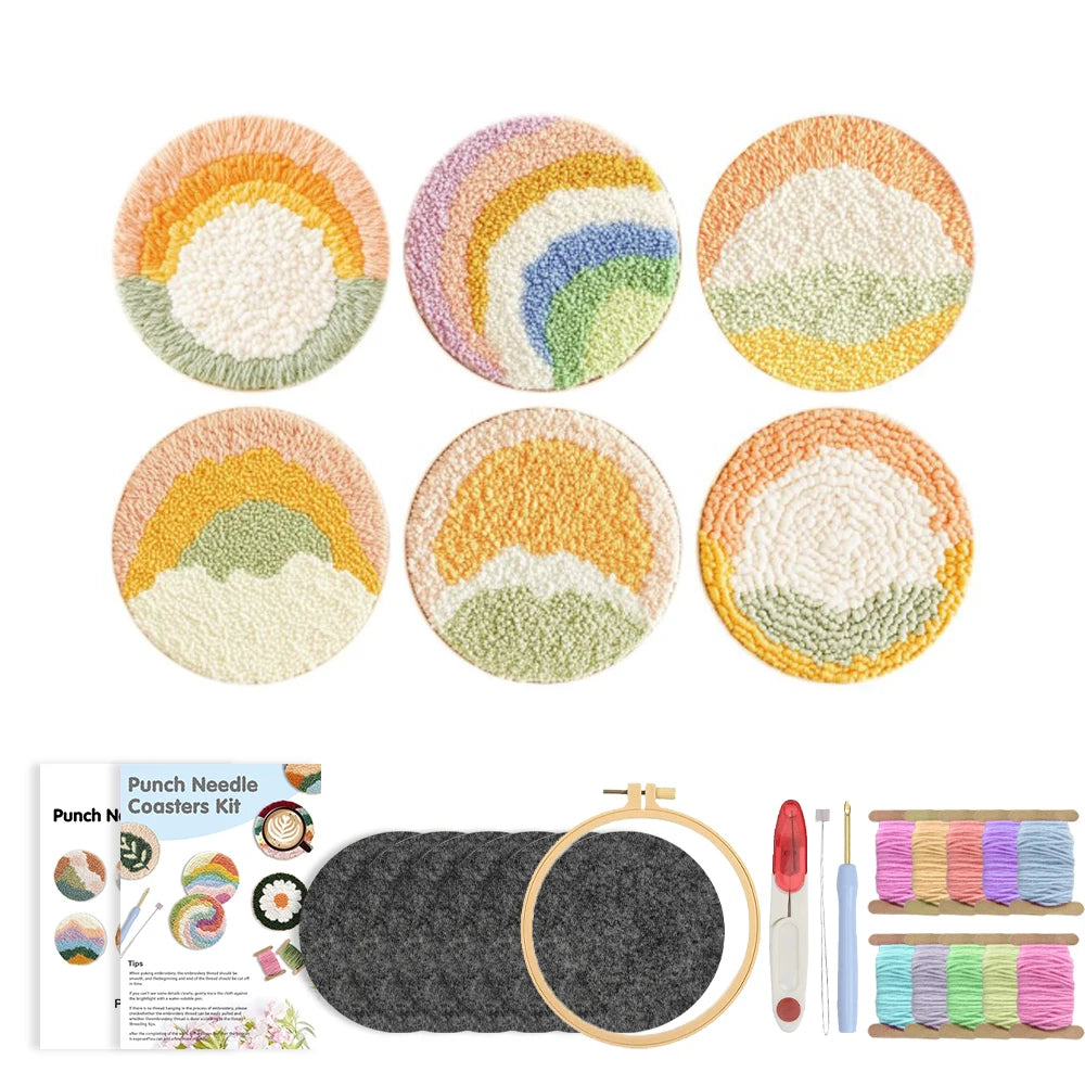🌈✨Kit de Bordado Punch Needle – 6 Diseños Arcoíris | Set para Posavasos Artesanales✨