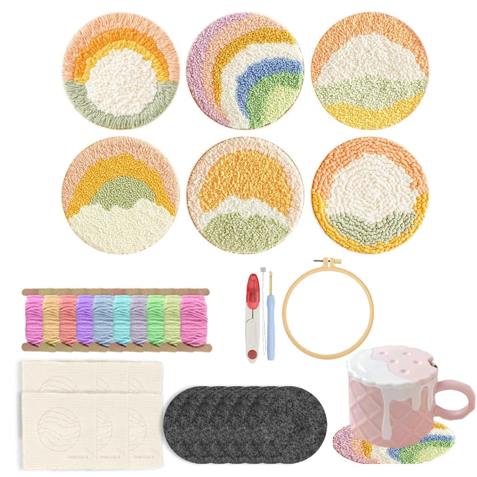 🌈✨Kit de Bordado Punch Needle – 6 Diseños Arcoíris | Set para Posavasos Artesanales✨