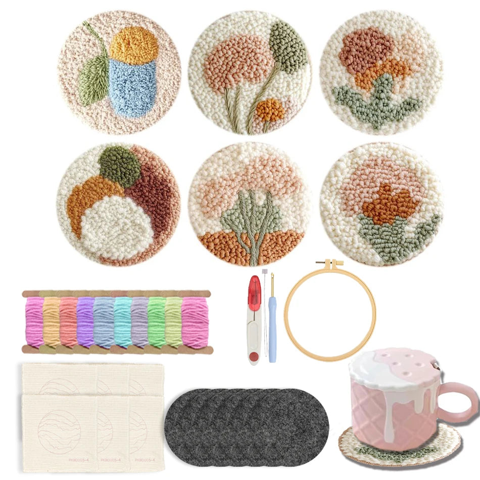 ✨Kit de Bordado Punch Needle – 6 Diseños Florales | Set para Posavasos Artesanales✨