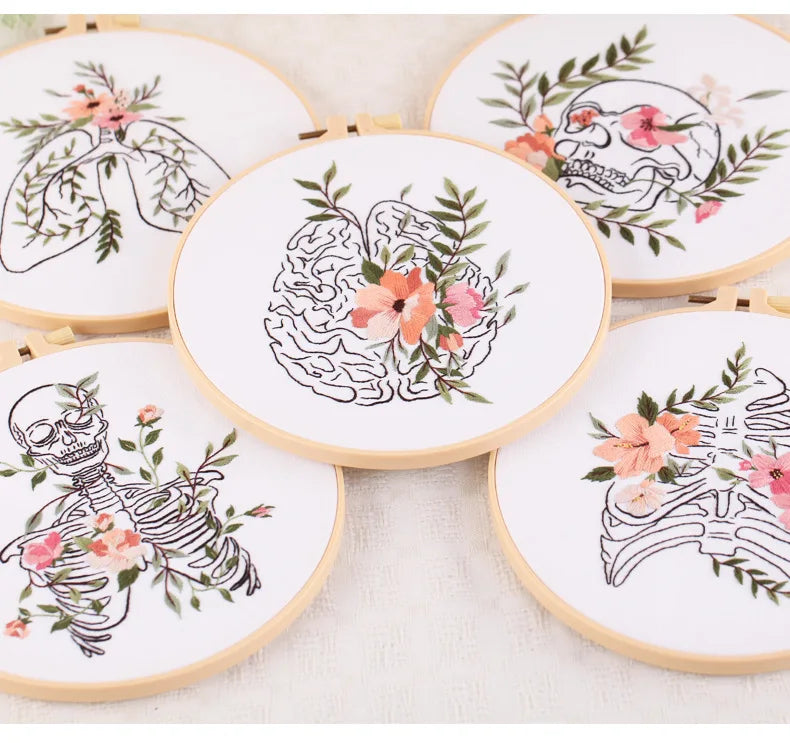 🌸Kit de Bordado Creativo – Diseño de Esqueleto con Flores🌸