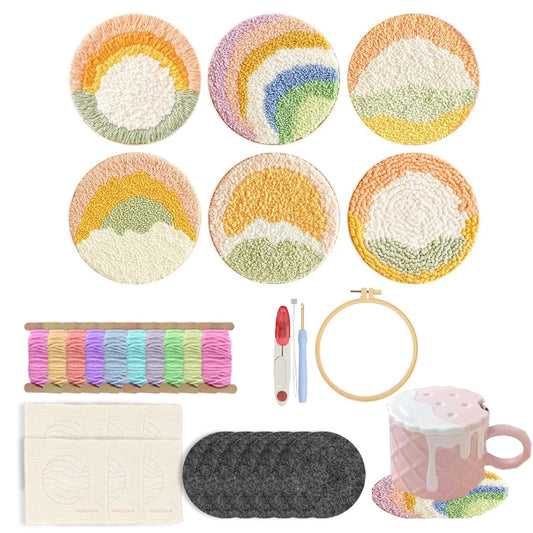 🌈✨Kit de Bordado Punch Needle – 6 Diseños Arcoíris | Set para Posavasos Artesanales✨