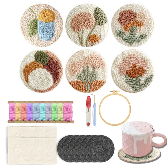 ✨Kit de Bordado Punch Needle – 6 Diseños Florales | Set para Posavasos Artesanales✨